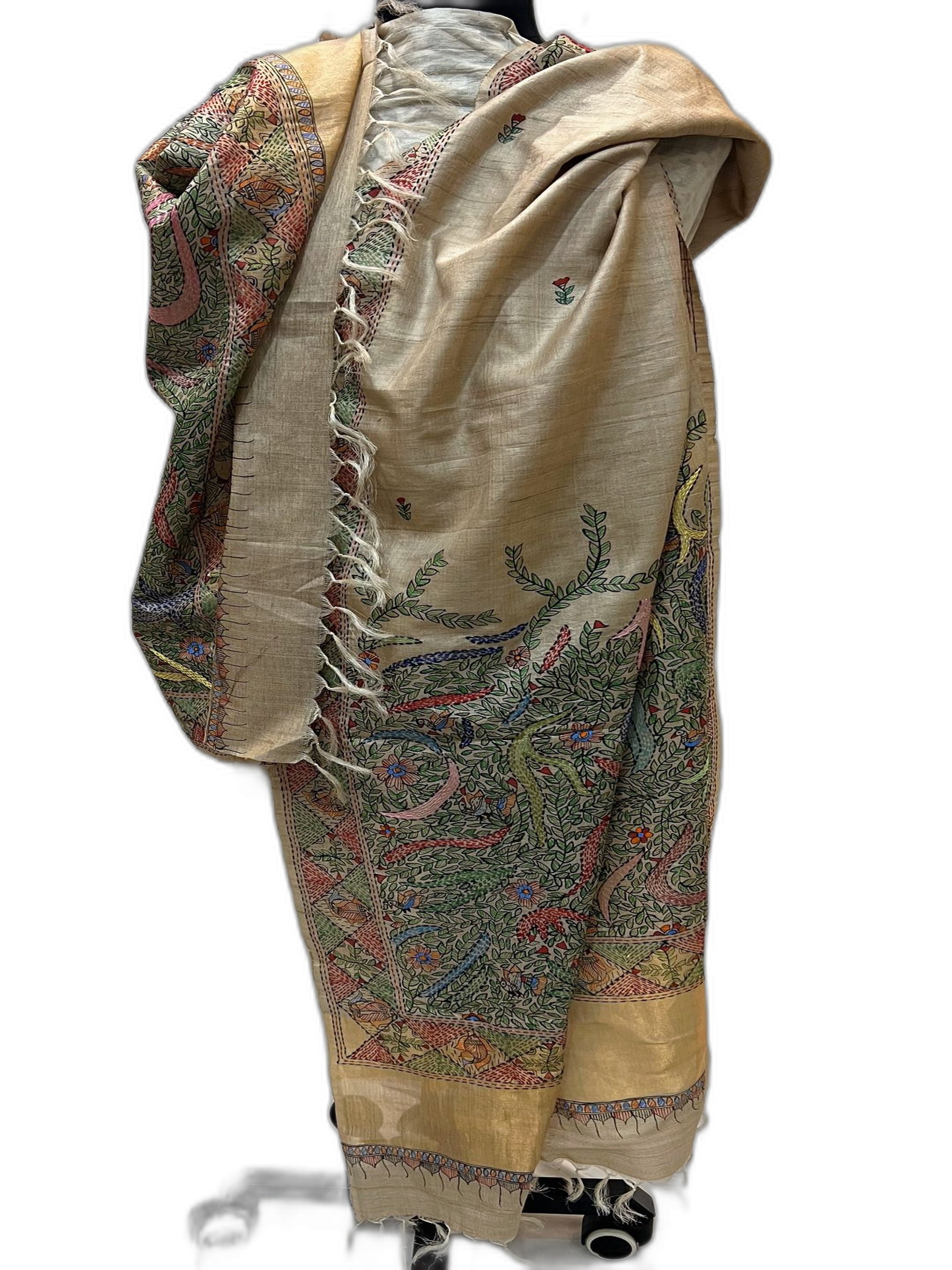 Hand-Woven Desi Tussar Silk Dupatta with Madhubani and Sujani